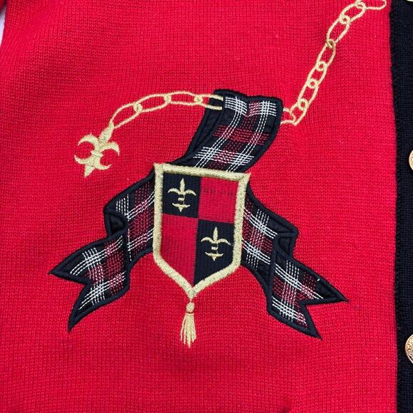 Doncaster Red Black & Gold Wool Blend Cardigan Small Plaid Accents Gold Buttons - Picture 3 of 12